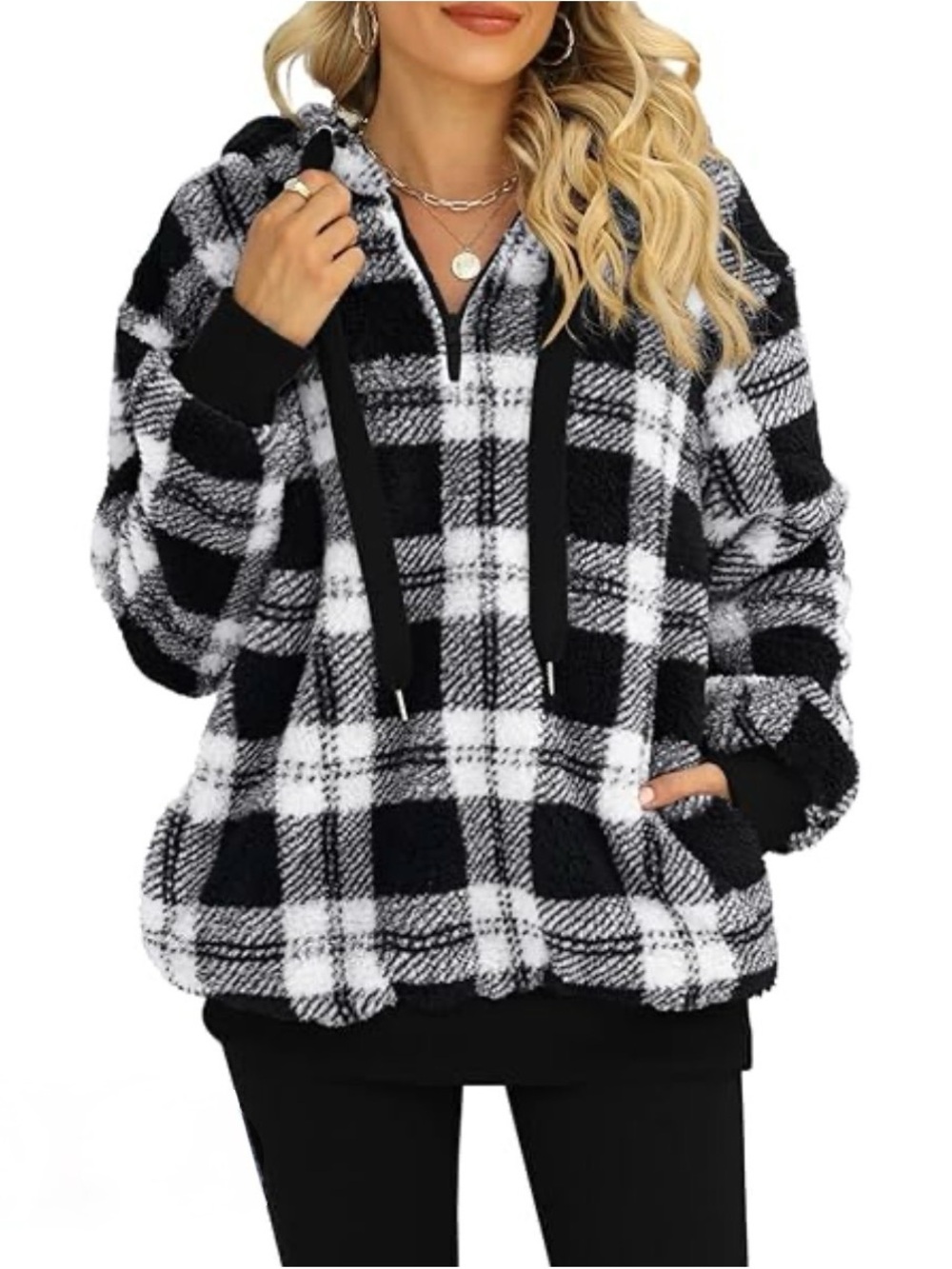 Cozy Black & White Plaid Hooded 1/4 Zip Plush Jacket